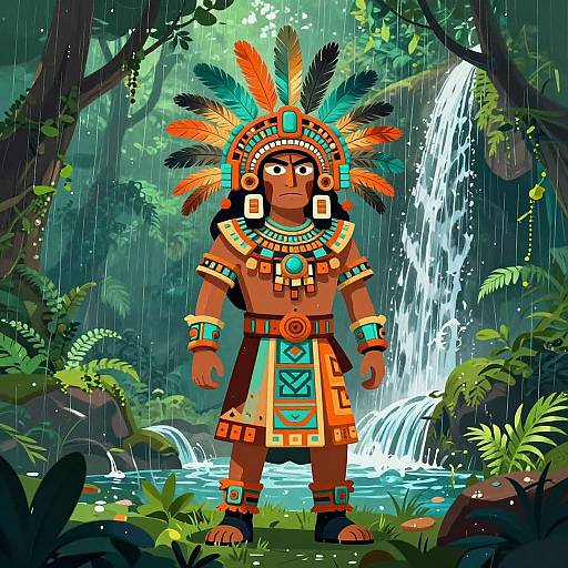Colorful digital illustration of a Native American warrior in vibrant headdress, detailed jewelry, and ornate outfit, standing in a lush, rain-soaked