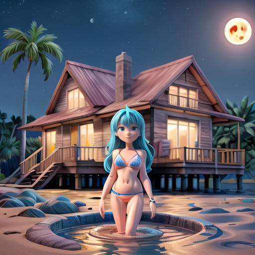 Young Woman in Blue Bikini at Night Pool