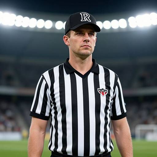 Photograph of a serious male baseball umpire in black and white striped shirt and black cap with 