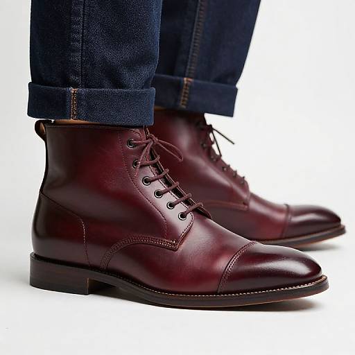 Photograph of a man's feet wearing dark maroon leather dress shoes with brown laces, and dark blue jeans with rolled cuffs.