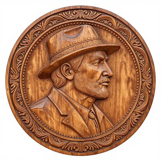 Circular wooden carving of a bearded man in profile, wearing a detailed hat and jacket, surrounded by ornate, leaf-like patterns.