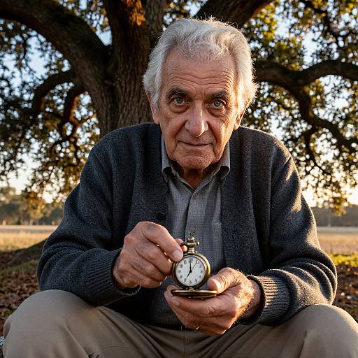 Photograph of an elderly white man with white hair, sitting under a large tree, holding a vintage pocket watch, wearing a dark cardigan and gray