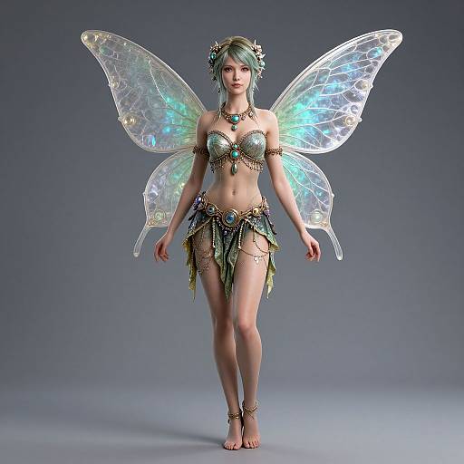 Digital CGI image of a fairy woman with translucent, iridescent wings, wearing a metallic bikini, green leaf skirt, and jeweled accessories, standing