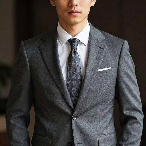 Photograph of a young man in a dark gray, textured suit with a white shirt and black textured tie, white pocket square, standing against a blurred