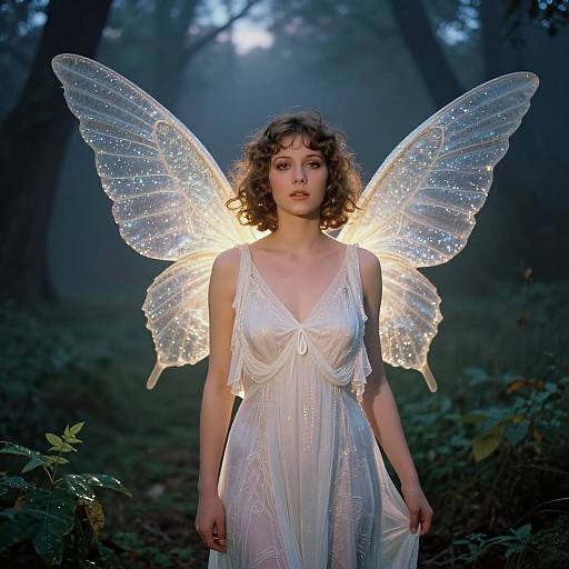 Photograph of a curly-haired woman in a white, sleeveless dress with glowing, transparent fairy wings in a misty forest.