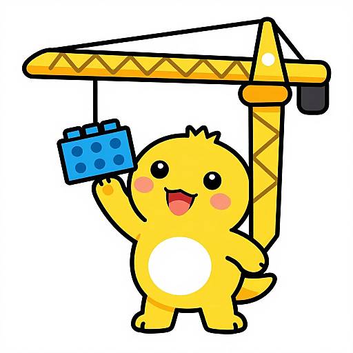 Cute yellow cartoon character with white belly, holding blue block, under yellow crane, smiling with raised arm, simple digital art style.