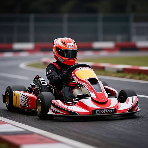 Photograph of a red and white karts racing on a track, driver in matching helmet and suit, blurred background.