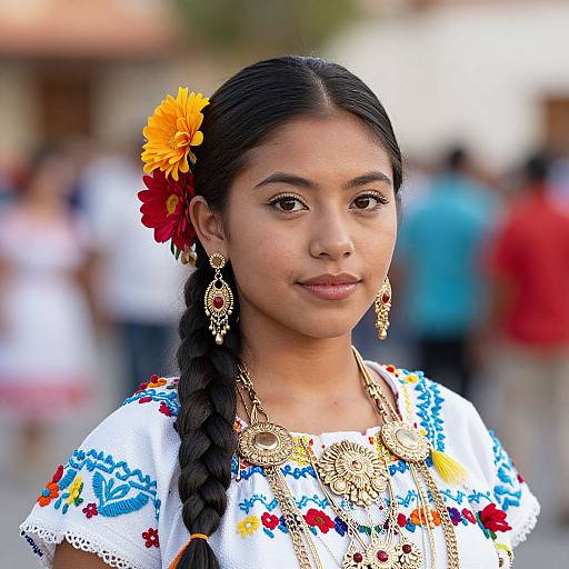 Photograph of a young Latina woman with dark braided hair, adorned with orange and red flowers, wearing a colorful embroidered blouse and gold jewelry, standing
