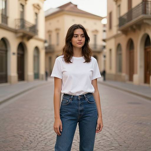 Photograph of a young woman with wavy brown hair, wearing a white t-shirt and blue jeans, standing in a sunlit, cobblestone