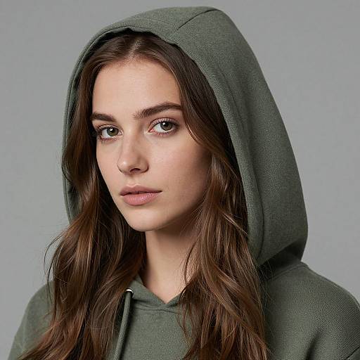 Photograph of a young woman with fair skin, green eyes, and long brown hair, wearing a dark green hooded sweatshirt with the hood up