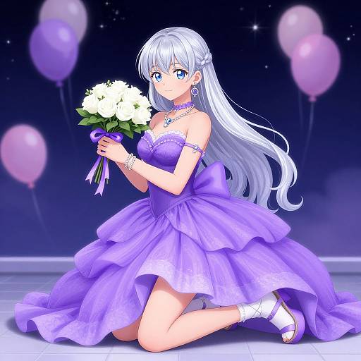 Anime Girl in Elegant Purple Ballgown