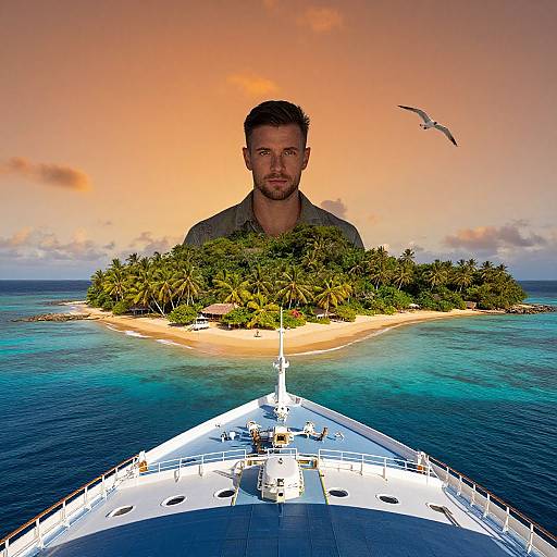 Photographic surrealism: Man's face superimposed over small island with palm trees, viewed from yacht's bow, sunset sky, seagull