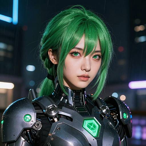 Photorealistic CGI of a green-haired woman with glowing green eyes, wearing futuristic black armor with neon accents, set against a neon-lit city night