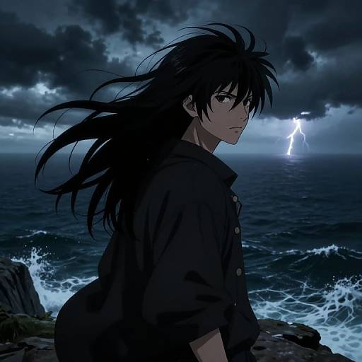 Digital anime artwork: Dark-haired male with wild hair stands on rocky shore, gazing at stormy sea with lightning bolt in night sky.
