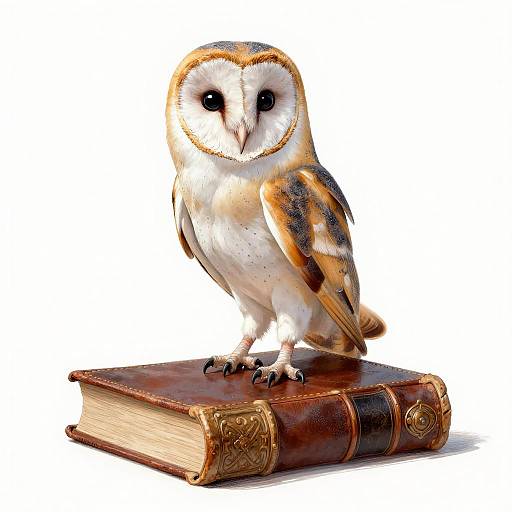 Photorealistic digital illustration of a barn owl with white and brown feathers perched on an ornate, leather-bound book.