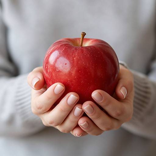 Photograph of a person's hands with light skin, holding a shiny, red apple in front of a blurred grey sweater.