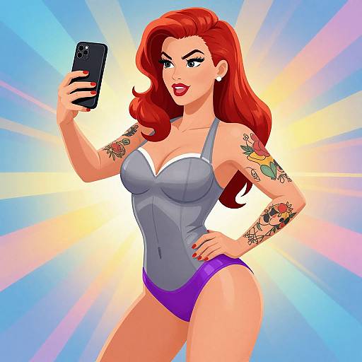 Digital illustration of a red-haired woman with tattoos, wearing a gray bustier and purple panties, taking a selfie with a smartphone against a radiant blue and