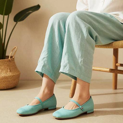 Photograph of a person's light blue, loose linen pants and matching slip-on shoes, sitting on a woven chair, with a potted plant in