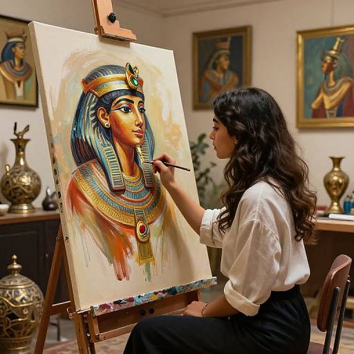 Photograph of an artist with long dark hair painting a vibrant, colorful portrait of an Egyptian queen on an easel, surrounded by ornate decor and