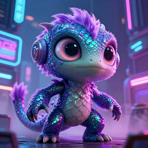 CGI digital artwork of a cute, neon-blue, scaly, dragon-like creature with large, shiny eyes, purple spikes, and headphones, standing
