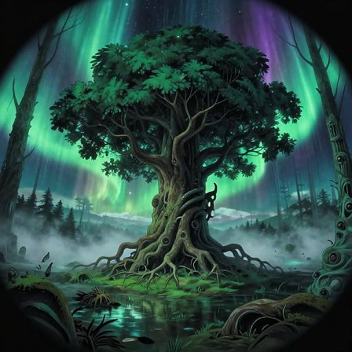 Digital art: Enchanted forest with a twisting, root-covered tree under vibrant green and purple auroras, surrounded by misty water and dark,