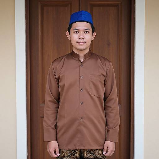Photograph of a Southeast Asian man wearing a blue cap, brown long-sleeve shirt, and patterned pants, standing in front of a wooden