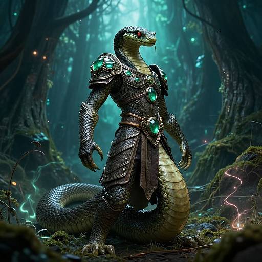 Digital artwork of a muscular, armored snake humanoid with glowing red eyes, turquoise gemstones, and a forest background. Glowing orbs and mist enhance the