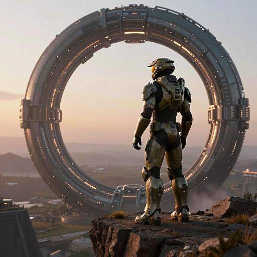 Futuristic Soldier Overlooking Megastructure