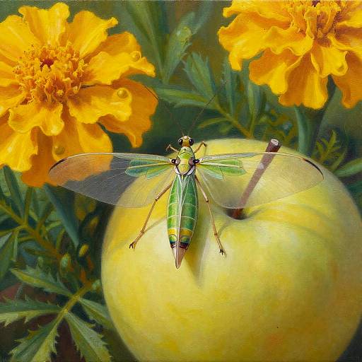 Green Lacewing with Marigold and Apple
