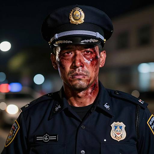 Intense Portrait of a Bruised Officer