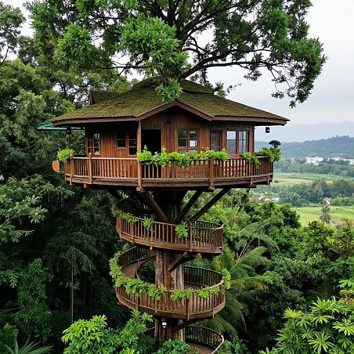 Photograph of a tall, wooden treehouse with multiple balconies, surrounded by lush green trees, set in a vibrant, forested landscape.