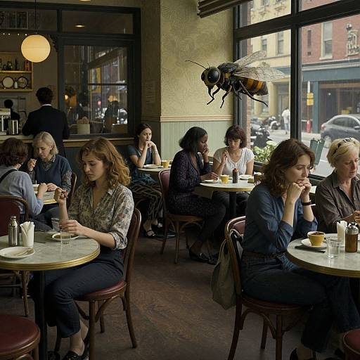 Photograph of a cozy café with six women sitting at round tables, sipping coffee, wearing casual clothes; a hanging insect sculpture above. Sunlight