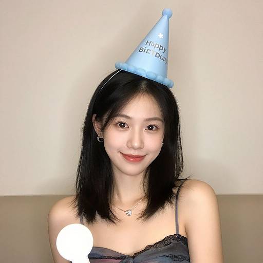 Photograph of an Asian woman with straight black hair, wearing a light blue 