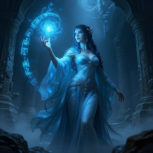 Digital art of a blue-lit, ethereal woman with flowing black hair, wearing an ornate, revealing dress, casting a glowing blue magical circle