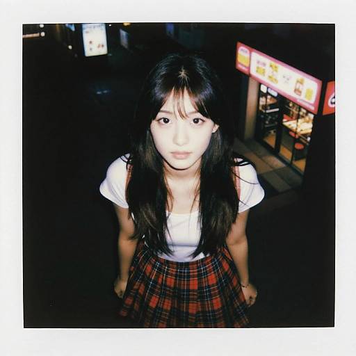 Photograph of an Asian woman with long black hair, wearing a white blouse and red plaid skirt, standing in a dimly lit urban night scene