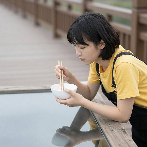 Asian woman eating with chopsticks by wooden railing