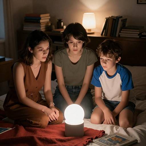 Three People Gazing at Glowing Orb on Bed