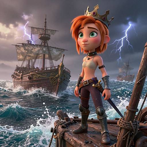 CGI image of a young, red-haired girl with a crown, topless, in pirate gear, standing on a stormy ship deck with lightning