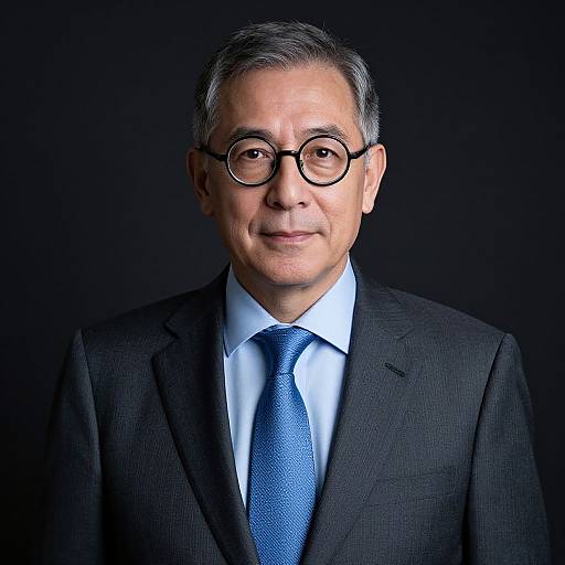 Photograph of an older man with gray hair, round glasses, wearing a dark suit, white shirt, and blue tie, against a dark background.