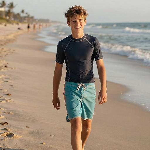 Teen Boy on Sunny Beach Stroll