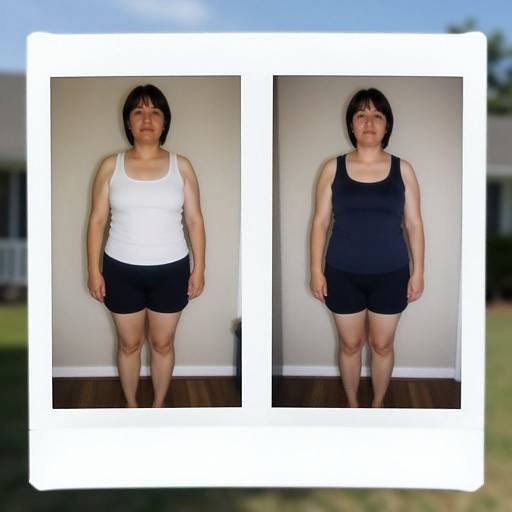 Photograph of an Asian woman in white tank top and black shorts (left), and black tank top and black shorts (right), showing weight loss.