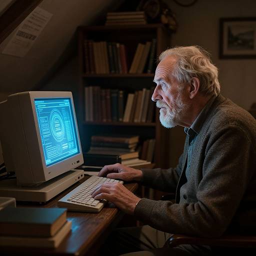 Wise Old Man and Glowing AI Interface