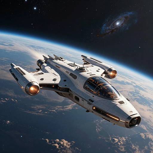 Futuristic Spaceship Above Distant Planet