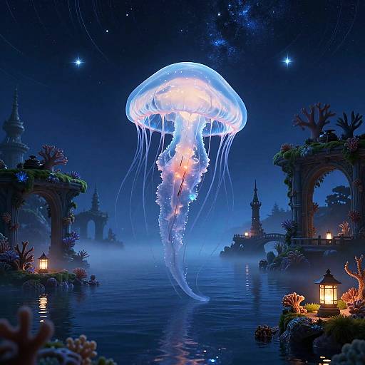 Moonlit Jellyfish Over Bioluminescent Seascape