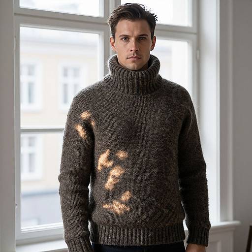 Photograph of a serious-looking man with short dark hair, wearing a dark gray, high-neck, knitted sweater with light patterns, standing in front
