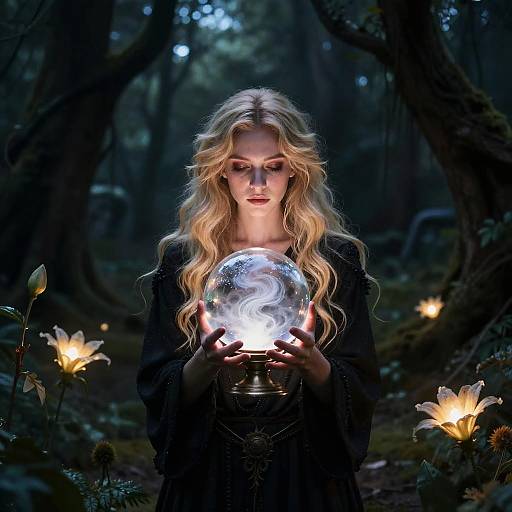 Photograph of a blonde woman with long wavy hair, holding a glowing crystal orb in a dark, enchanted forest, surrounded by glowing flowers.