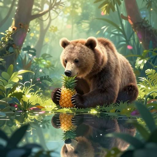 Digital painting: A large brown bear with fluffy fur sits by a reflective water pool, eating a pineapple in a sunlit, lush forest clearing with vibrant