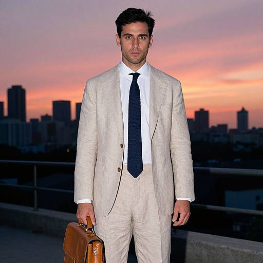 Photograph of a handsome man with short dark hair, in a white suit, black tie, and brown briefcase, standing on a rooftop at sunset