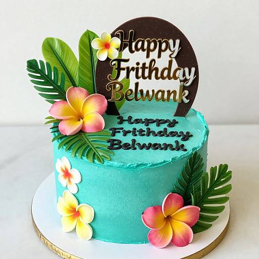 Photograph of a turquoise birthday cake with 