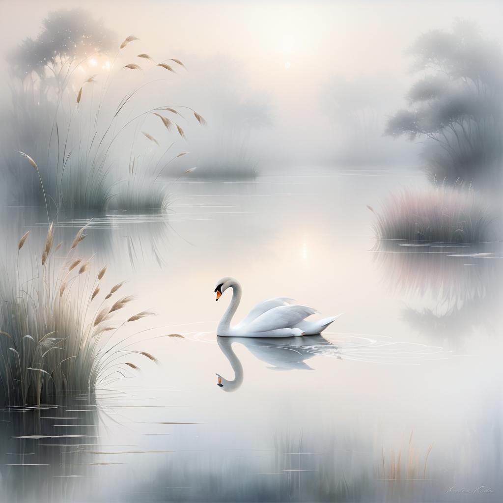 Ethereal Swan on Foggy Pond Painting